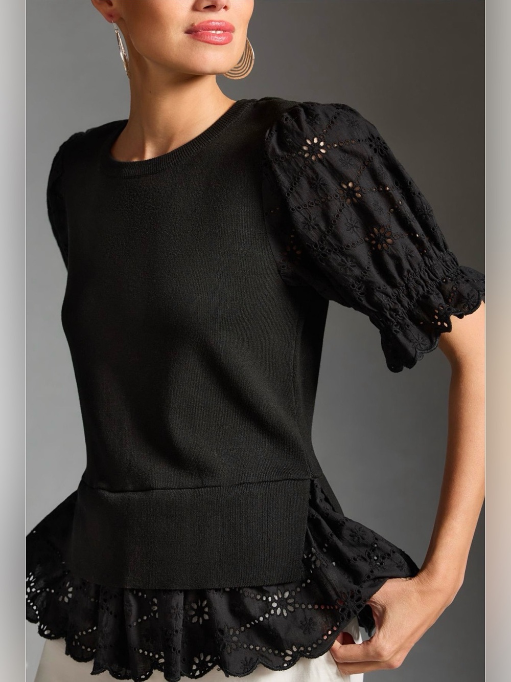 Anthropologie English Factory Eyelet Puff-Sleeve Sweater Tee